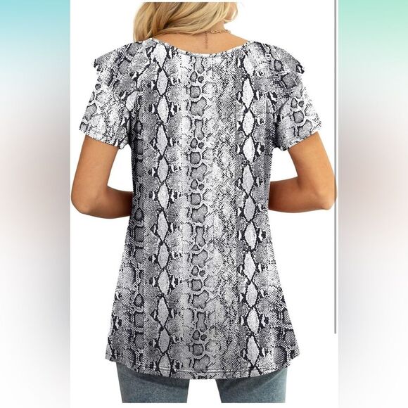 Top Blouse Shirt Womens Plus 2X Black Snakeskin Summer Casual Short Sleeve B3 - Picture 7 of 8